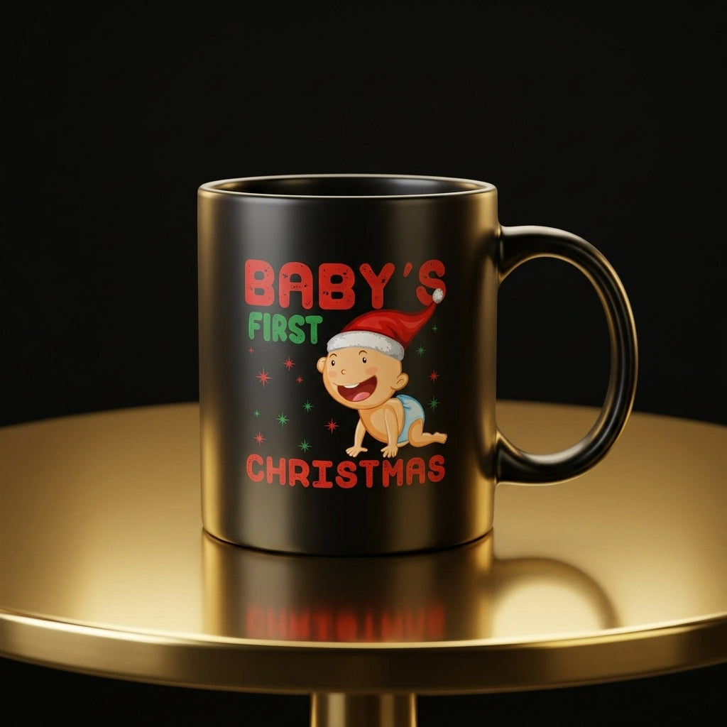 "Baby's First Christmas" Cute Santa Hat Coffee Mug 11oz - Black Ceramic Tea Cup