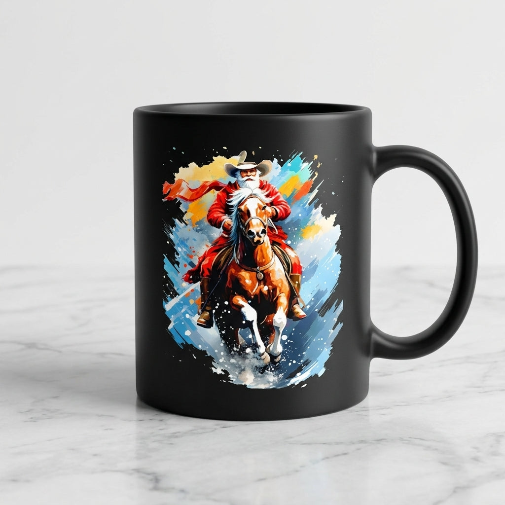 Western Cowboy Santa Riding Horse Christmas Coffee Mug 11oz - Black Ceramic Tea Cup