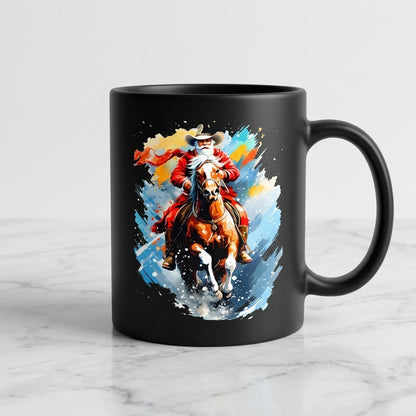Western Cowboy Santa Riding Horse Christmas Coffee Mug 11oz - Black Ceramic Tea Cup