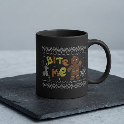 Funny "Bite Me" Ugly Sweater Gingerbread Man Christmas Coffee Mug 11oz - Black Ceramic Tea Cup