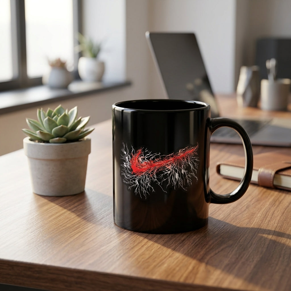 Abstract Flame & Roots Swoosh Glossy Black Ceramic Mug - 11oz