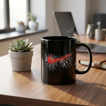 Abstract Flame & Roots Swoosh Glossy Black Ceramic Mug - 11oz
