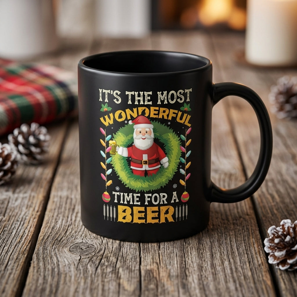 Funny "Most Wonderful Time For A Beer" Santa Christmas Coffee Mug 11oz - Black Ceramic Tea Cup