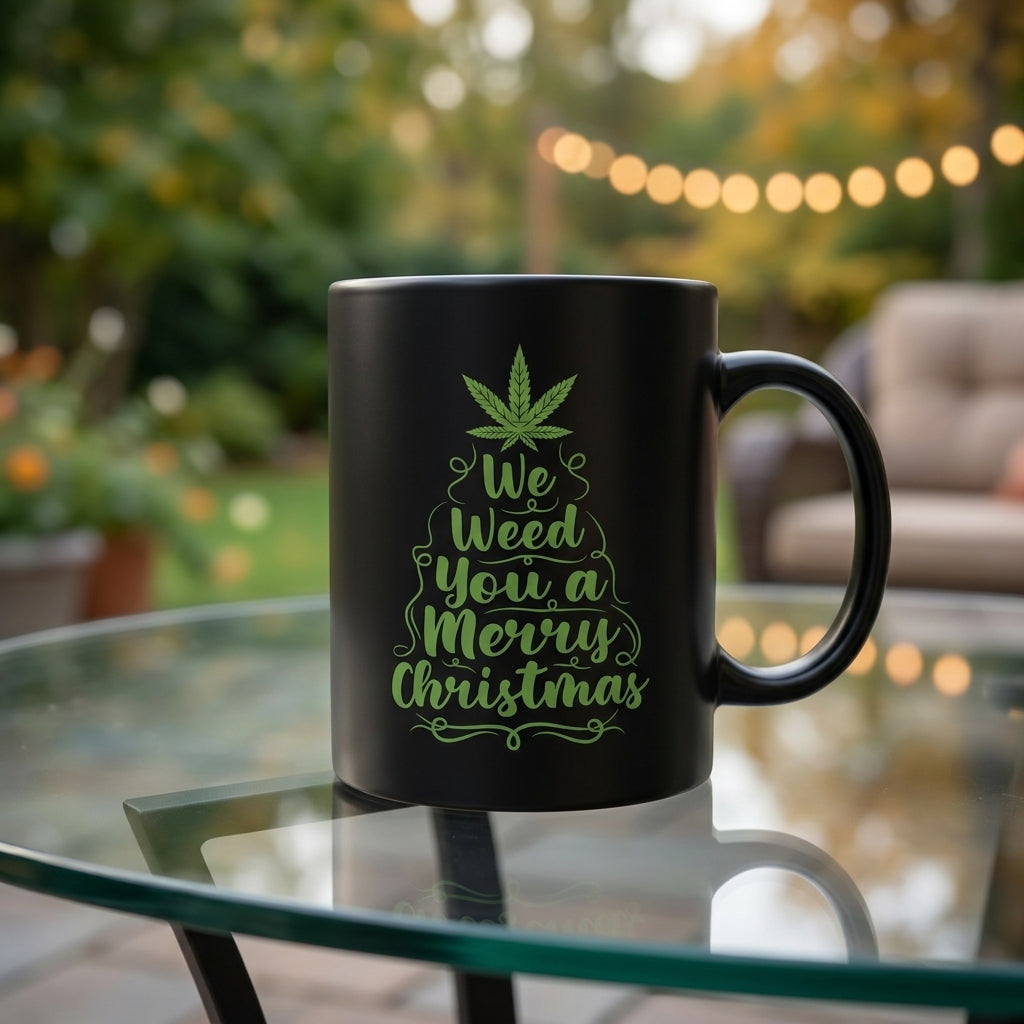 We Weed You A Merry Christmas Tree Graphic Black Ceramic Mug - Funny Holiday Stoner Coffee Cup (11oz)
