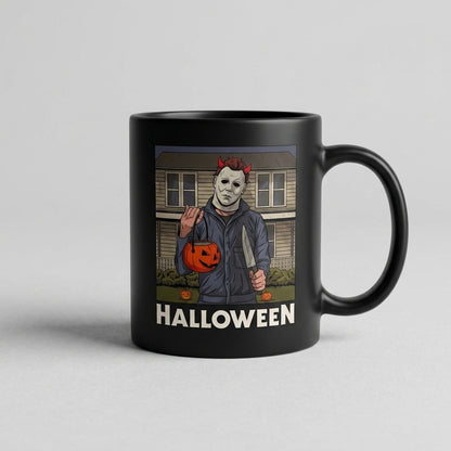 Michael Myers Trick or Treat Halloween Graphic Black Ceramic Mug - Funny Spooky Horror Movie Coffee Cup (11oz)