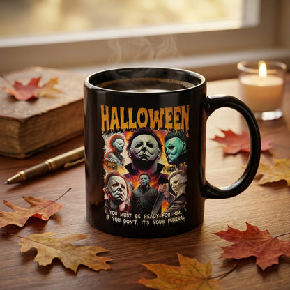 Halloween Michael Myers Classic Horror Movie Collage Black Ceramic Mug - Spooky Vintage Slasher Coffee Cup (11oz)