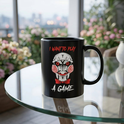 Billy The Puppet Saw Jigsaw "I Want To Play A Game" Black Ceramic Mug - Scary Halloween Horror Coffee Cup (11oz)