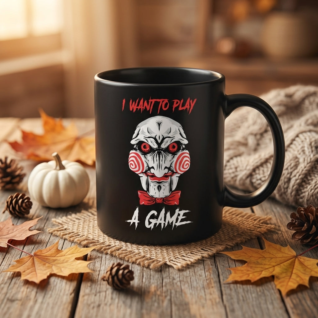 Billy The Puppet Saw Jigsaw "I Want To Play A Game" Black Ceramic Mug - Scary Halloween Horror Coffee Cup (11oz)