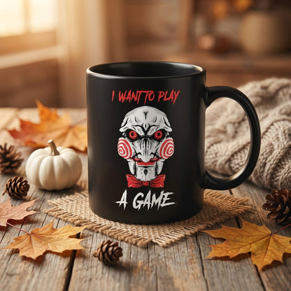 Billy The Puppet Saw Jigsaw "I Want To Play A Game" Black Ceramic Mug - Scary Halloween Horror Coffee Cup (11oz)