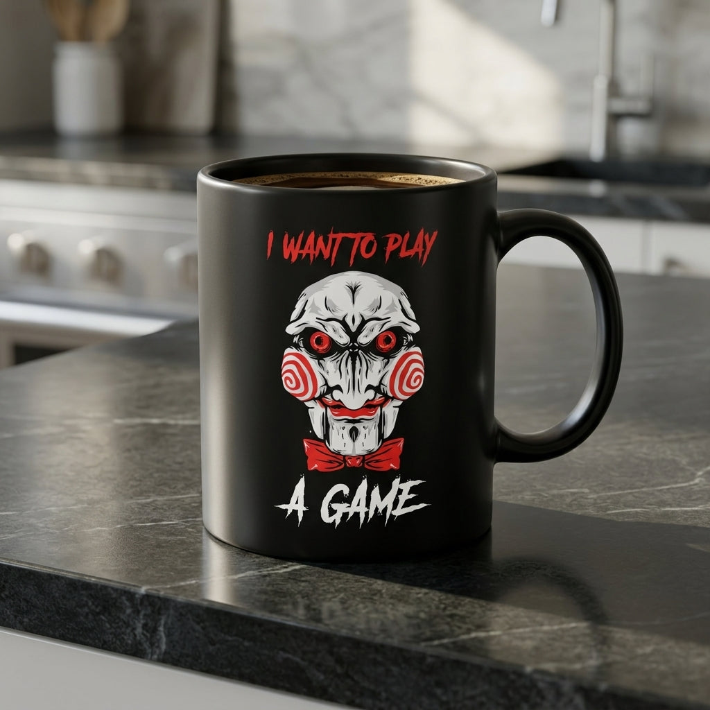 Billy The Puppet Saw Jigsaw "I Want To Play A Game" Black Ceramic Mug - Scary Halloween Horror Coffee Cup (11oz)