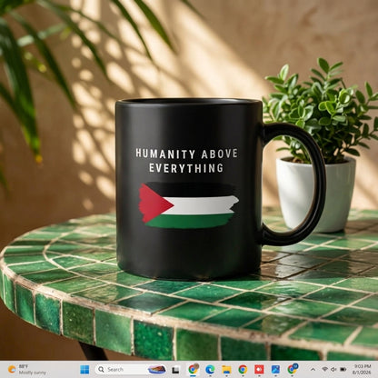 Humanity Above Everything Palestinian Flag Brushstroke Black Ceramic Coffee Mug - Meaningful Humanitarian Graphic Drinkware Cup (11oz)