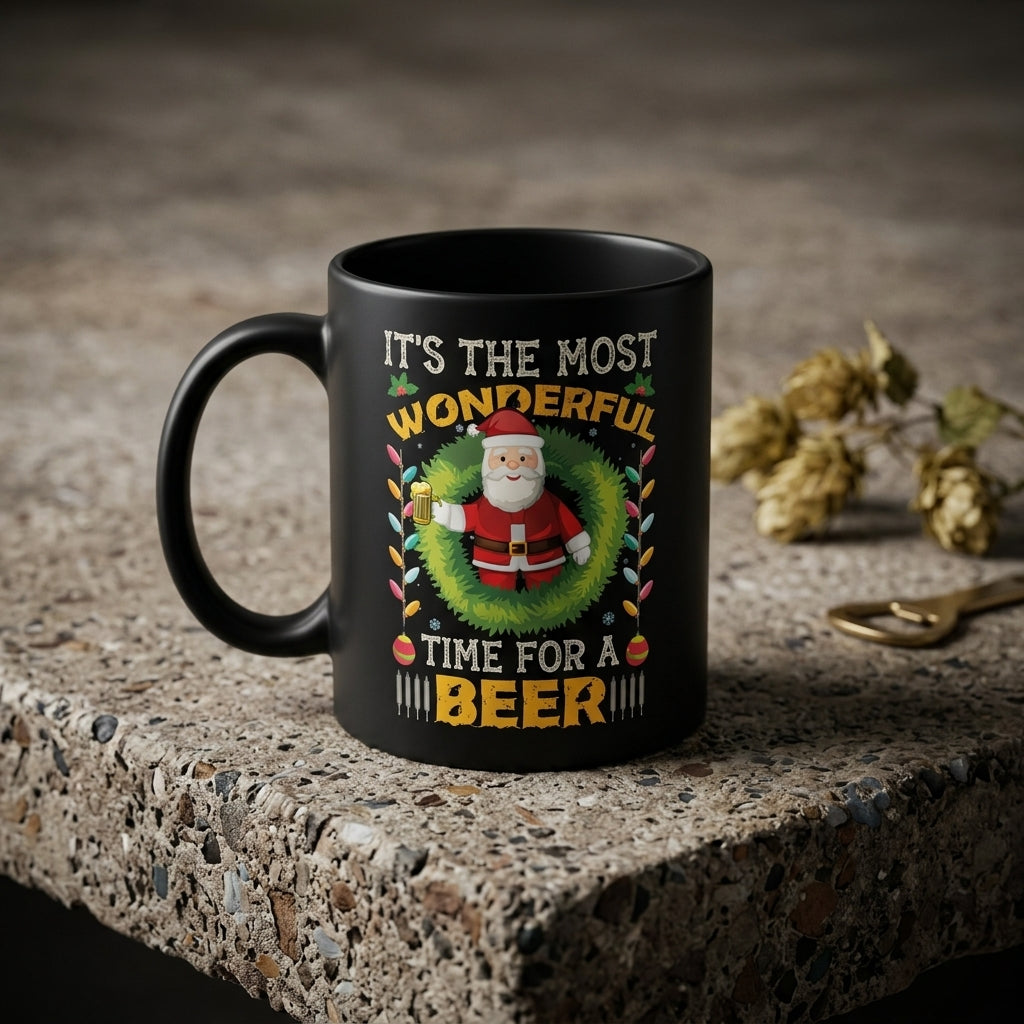 Funny "Most Wonderful Time For A Beer" Santa Christmas Coffee Mug 11oz - Black Ceramic Tea Cup