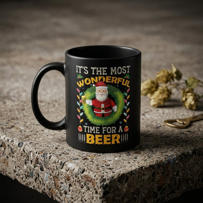Funny "Most Wonderful Time For A Beer" Santa Christmas Coffee Mug 11oz - Black Ceramic Tea Cup