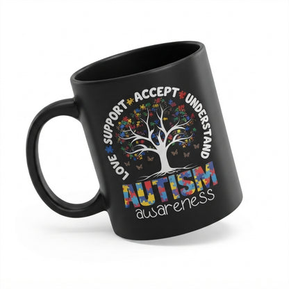 Autism Awareness Tree Graphic Ceramic Cup – Love Support Accept Understand Black Drinkware