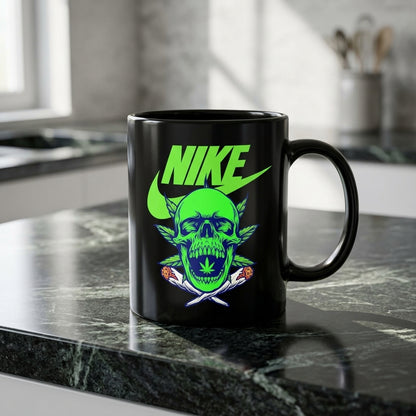 Neon Green Skull Cannabis Leaf Nike Parody Black Ceramic Mug - Edgy Trippy Streetwear Coffee Cup (11oz)