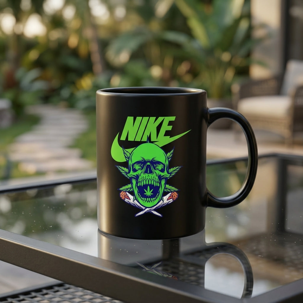 Neon Green Skull Cannabis Leaf Nike Parody Black Ceramic Mug - Edgy Trippy Streetwear Coffee Cup (11oz)