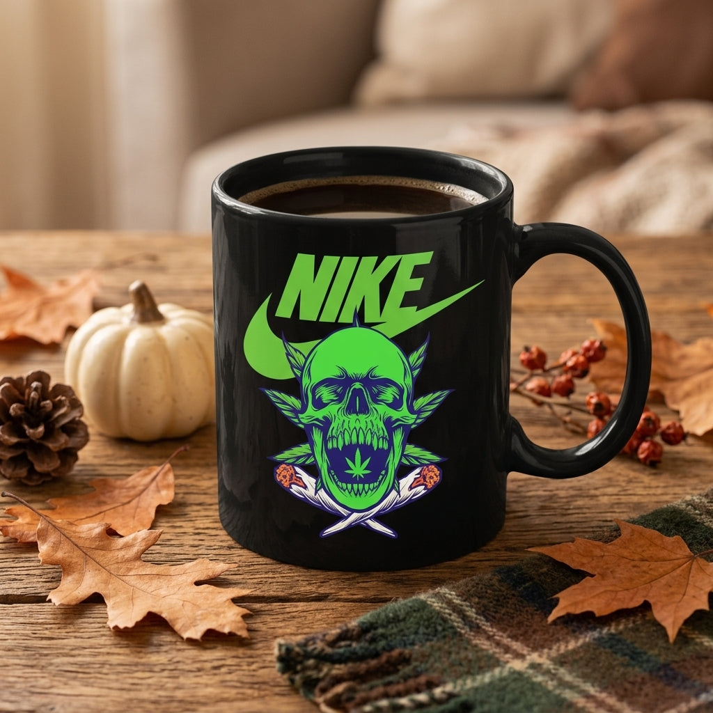 Neon Green Skull Cannabis Leaf Nike Parody Black Ceramic Mug - Edgy Trippy Streetwear Coffee Cup (11oz)