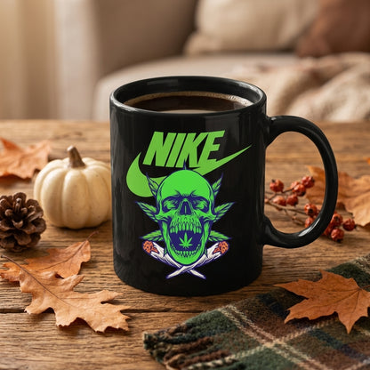Neon Green Skull Cannabis Leaf Nike Parody Black Ceramic Mug - Edgy Trippy Streetwear Coffee Cup (11oz)