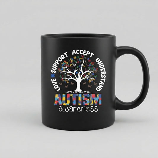 Autism Awareness Tree Graphic Ceramic Cup – Love Support Accept Understand Black Drinkware