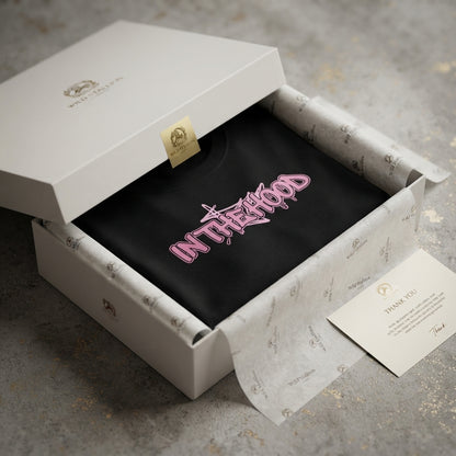 In The Hood Pink Graffiti Typography Graphic T-Shirt - Urban Streetwear Cotton Crew Neck Tee in Black & White