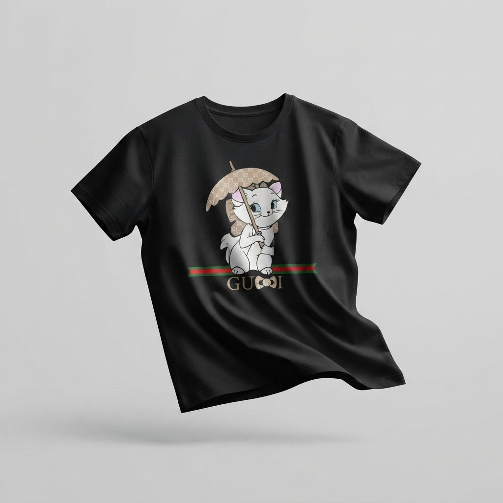 Cute Kitten with Luxury Monogram Umbrella Graphic T-Shirt - Unisex Premium Cotton Streetwear Tee (Black, Blue | XS to 4XL)