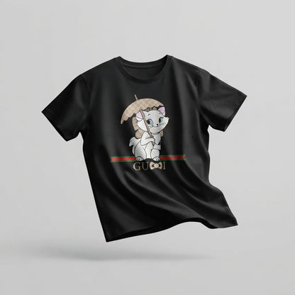 Cute Kitten with Luxury Monogram Umbrella Graphic T-Shirt - Unisex Premium Cotton Streetwear Tee (Black, Blue | XS to 4XL)