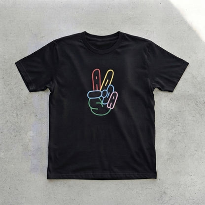 Colorful Neon Peace Sign Hand Graphic T-Shirt - Vibrant ADA Typography Cotton Crew Neck Tee in Black & White