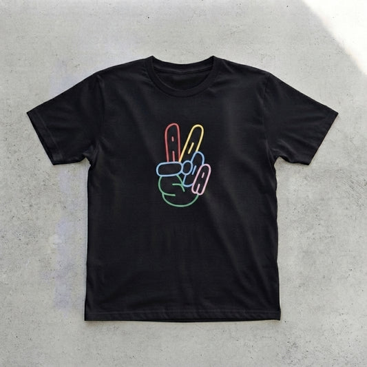 Colorful Neon Peace Sign Hand Graphic T-Shirt - Vibrant ADA Typography Cotton Crew Neck Tee in Black & White