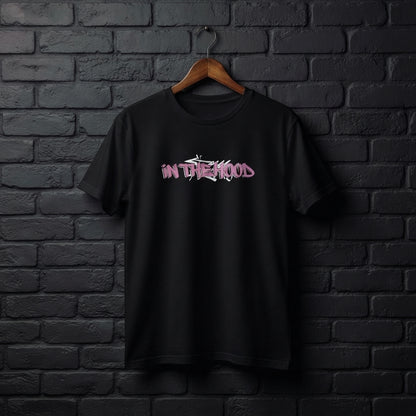 In The Hood Pink Graffiti Typography Graphic T-Shirt - Urban Streetwear Cotton Crew Neck Tee in Black & White