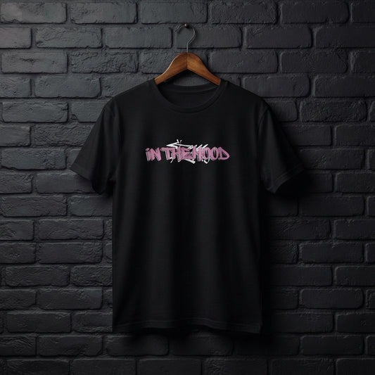 In The Hood Pink Graffiti Typography Graphic T-Shirt - Urban Streetwear Cotton Crew Neck Tee in Black & White