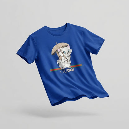 Cute Kitten with Luxury Monogram Umbrella Graphic T-Shirt - Unisex Premium Cotton Streetwear Tee (Black, Blue | XS to 4XL)