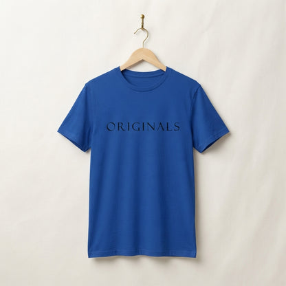 ORIGINALS Minimalist Serif Typography Graphic T-Shirt - Premium Soft Cotton Crew Neck Tee in White & Blue