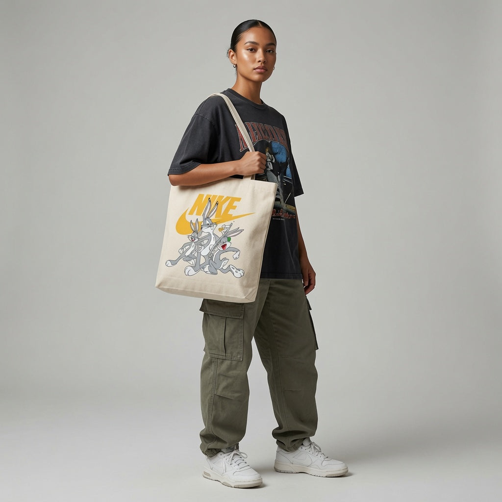 Bugs Bunny & Squad Parody Canvas Tote Bag - Vintage Cartoon Graphic Handbag
