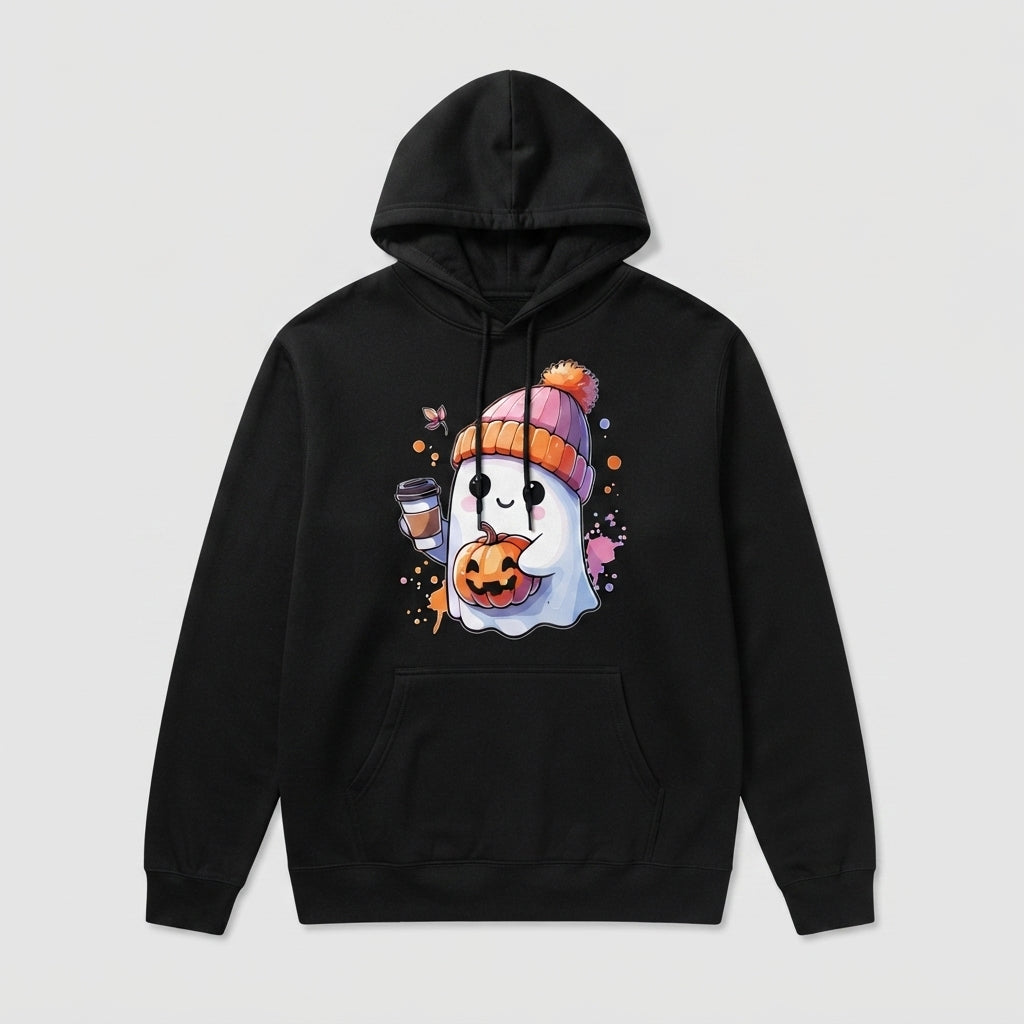 Cozy Coffee Ghost Halloween Hoodie – Cute Beanie Ghost & Pumpkin Spice Pullover