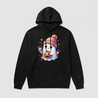Cozy Coffee Ghost Halloween Hoodie – Cute Beanie Ghost & Pumpkin Spice Pullover