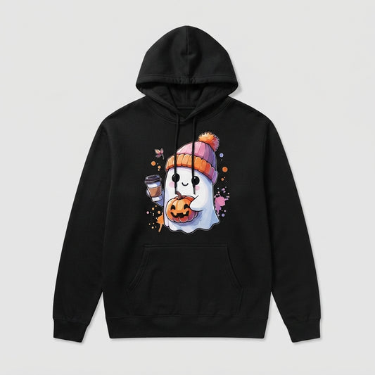 Cozy Coffee Ghost Halloween Hoodie – Cute Beanie Ghost & Pumpkin Spice Pullover
