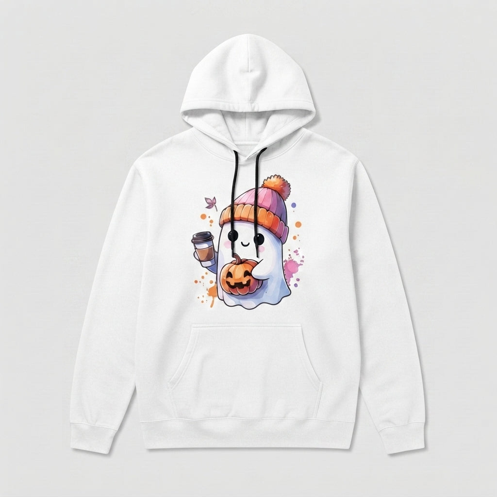 Cozy Coffee Ghost Halloween Hoodie – Cute Beanie Ghost & Pumpkin Spice Pullover