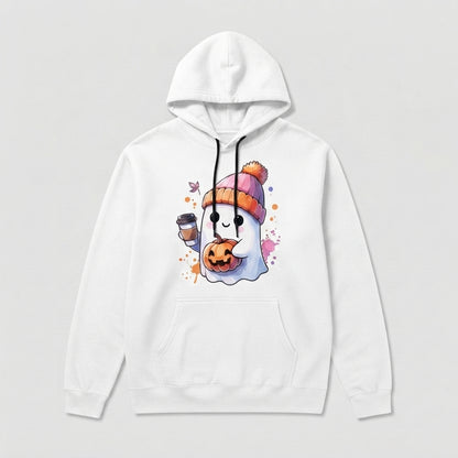 Cozy Coffee Ghost Halloween Hoodie – Cute Beanie Ghost & Pumpkin Spice Pullover
