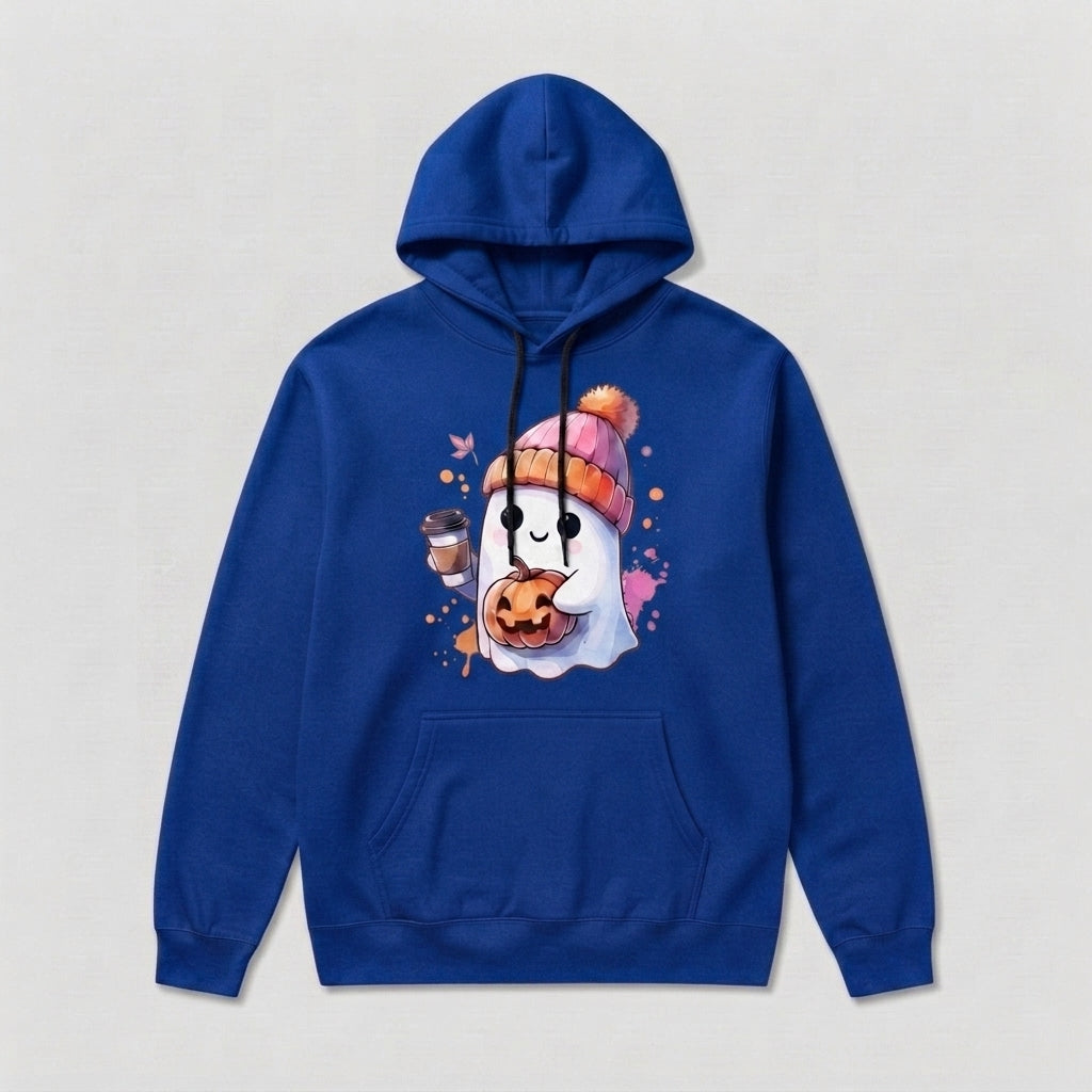 Cozy Coffee Ghost Halloween Hoodie – Cute Beanie Ghost & Pumpkin Spice Pullover