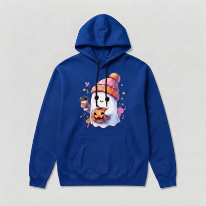 Cozy Coffee Ghost Halloween Hoodie – Cute Beanie Ghost & Pumpkin Spice Pullover