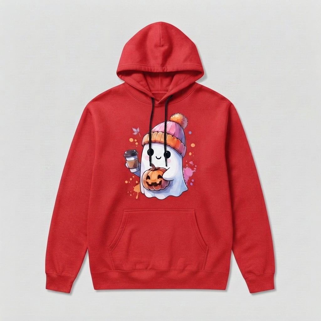 Cozy Coffee Ghost Halloween Hoodie – Cute Beanie Ghost & Pumpkin Spice Pullover