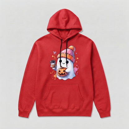 Cozy Coffee Ghost Halloween Hoodie – Cute Beanie Ghost & Pumpkin Spice Pullover