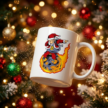 Funny Dabbing Santa Riding Meteor Coffee Mug 11oz - Space Fireball Christmas Ceramic Tea Cup - Novelty Holiday Gift