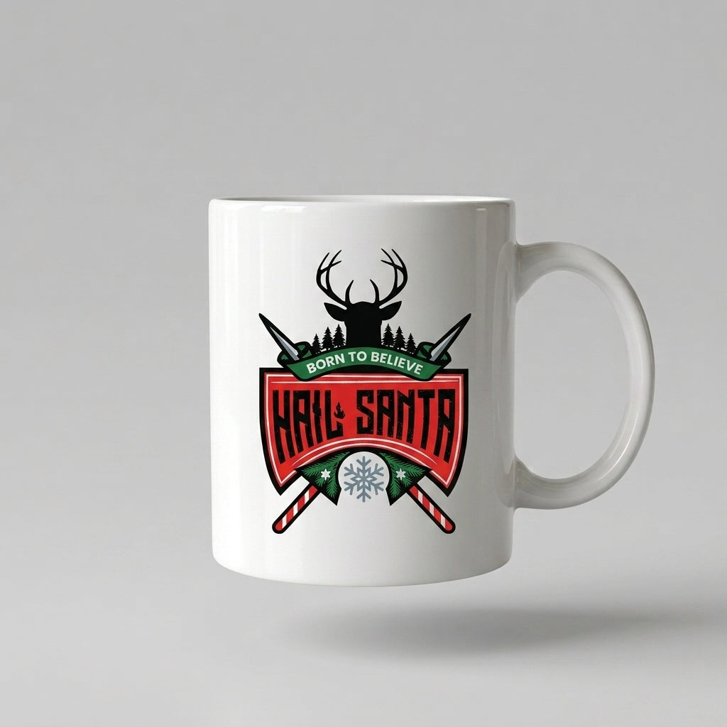 Funny "Hail Santa" Christmas Coffee Mug 11oz - "Born To Believe" Reindeer Crest White Ceramic Tea Cup - Novelty Holiday Gift