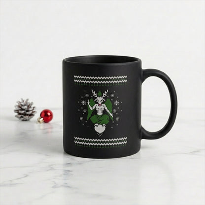 Satanic Baphomet Ugly Christmas Sweater Black Coffee Mug 11oz - Occult Antichrist Festive Holiday Ceramic Tea Cup - Alternative Gothic Christmas Gift