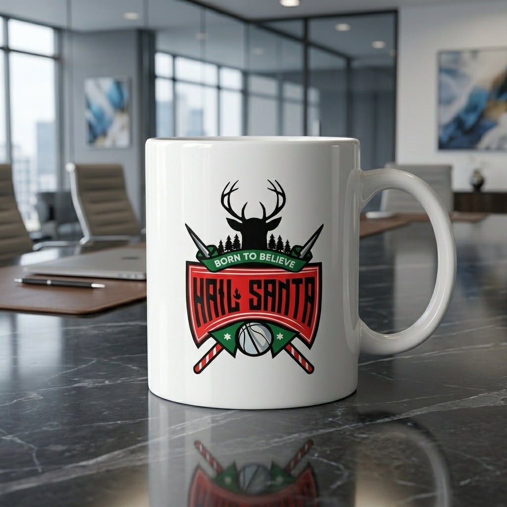 Funny "Hail Santa" Christmas Coffee Mug 11oz - "Born To Believe" Reindeer Crest White Ceramic Tea Cup - Novelty Holiday Gift