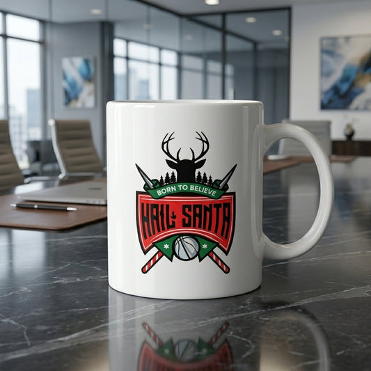 Funny "Hail Santa" Christmas Coffee Mug 11oz - "Born To Believe" Reindeer Crest White Ceramic Tea Cup - Novelty Holiday Gift