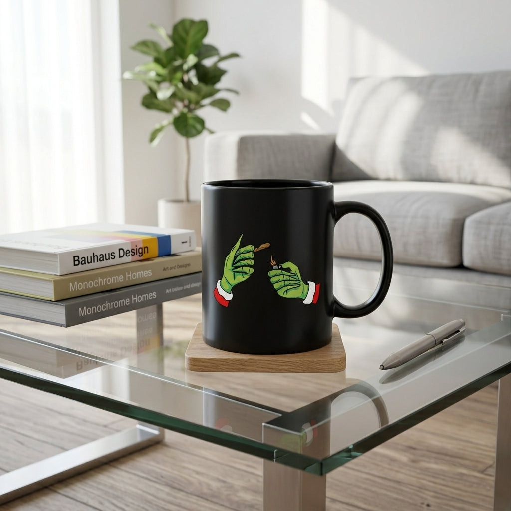 Funny Grinch Hands Lighting Joint Black Coffee Mug 11oz - Santa Suit Cannabis Christmas Ceramic Tea Cup - Novelty Holiday Gift