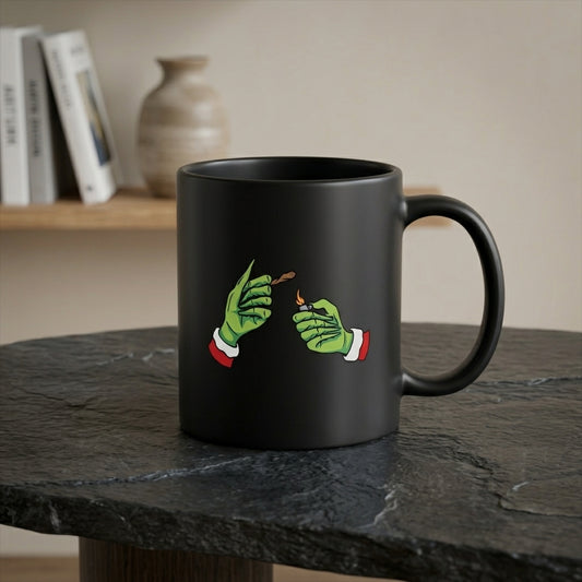 Funny Grinch Hands Lighting Joint Black Coffee Mug 11oz - Santa Suit Cannabis Christmas Ceramic Tea Cup - Novelty Holiday Gift