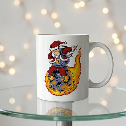 Funny Dabbing Santa Riding Meteor Coffee Mug 11oz - Space Fireball Christmas Ceramic Tea Cup - Novelty Holiday Gift
